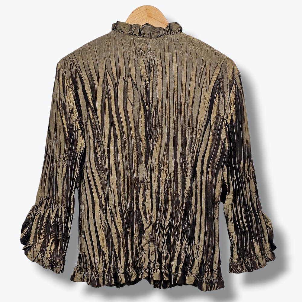 Jaipur Bronze Metallic Crinkle Top M Pleated Ruffle Rhinestone Dressy Whimsigoth - Picture 2 of 11